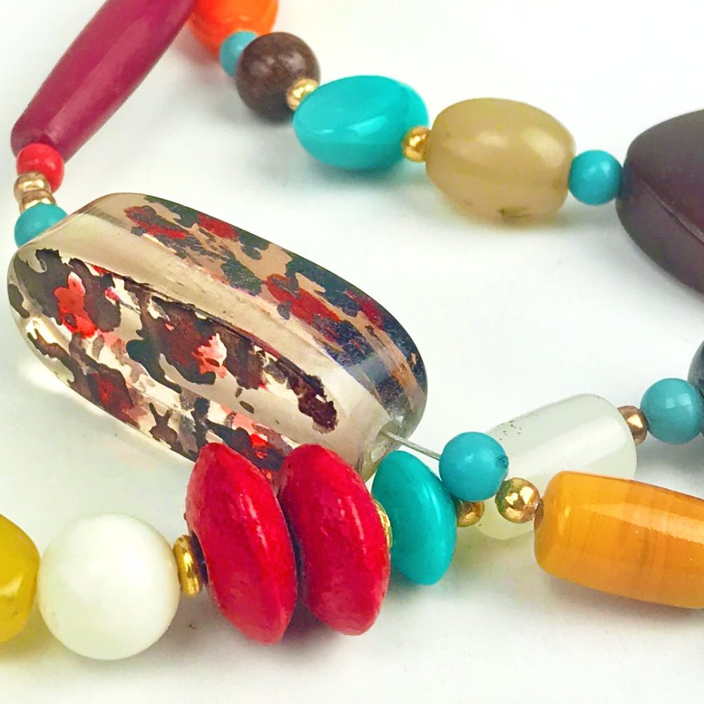 BOHO 3 Strand Wood Acrylic Bead Necklace - Picture 3 of 12